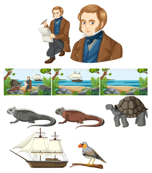 Set Von Mix Charles Darwin Mit Tier Illustration — Stockvektor