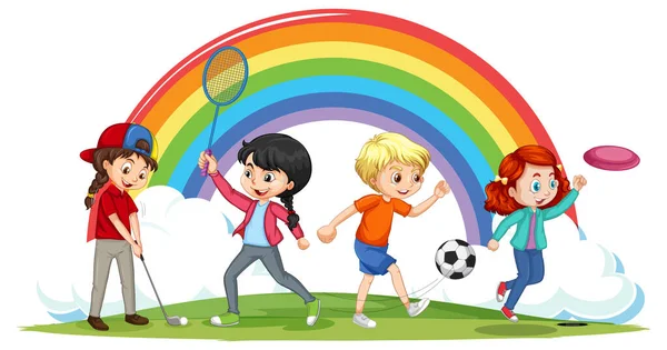 Happy Children Playing Different Sports Illustration — Vettoriale Stock