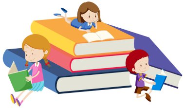 İçinde çocuk karakterleri olan kitap yığını.