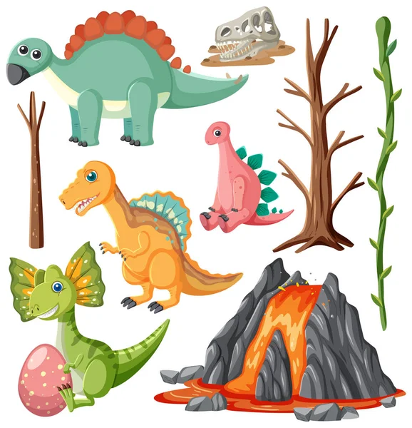 Dinosaurier Och Naturliga Element Vektor Samling Illustration — Stock vektor