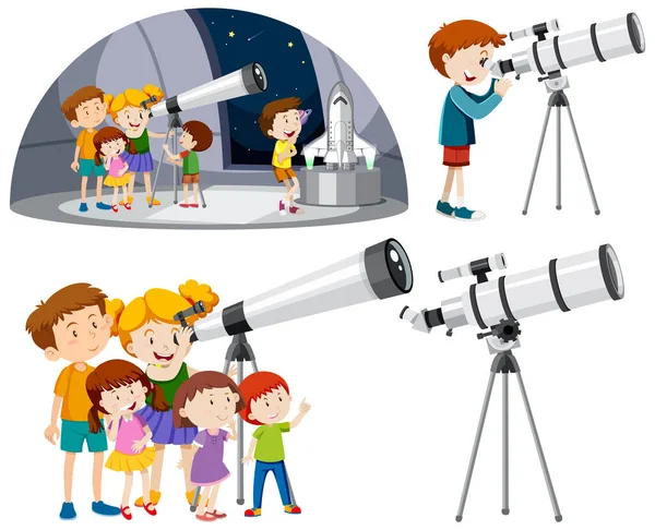 Niños Juguetones Usando Telescopios Vector Collection Illustration — Archivo Imágenes Vectoriales