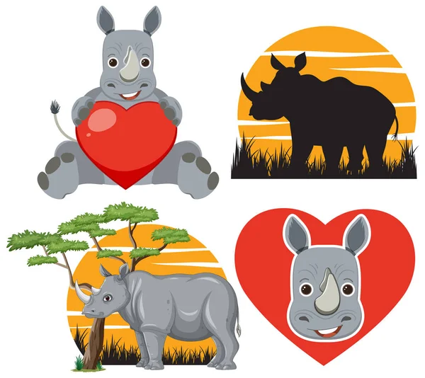 Conjunto Rinoceronte Ilustração Ícone Animal —  Vetores de Stock