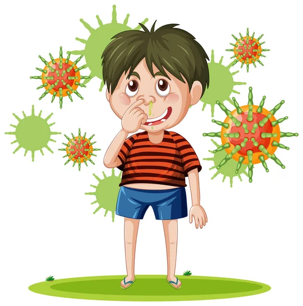 Boy Surrounded Germs Illustration — Vettoriale Stock