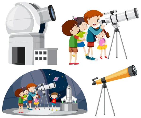 Niños Juguetones Usando Telescopios Vector Collection Illustration — Archivo Imágenes Vectoriales