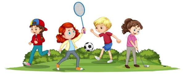 Happy Children Playing Different Sports Illustration — Vetor de Stock