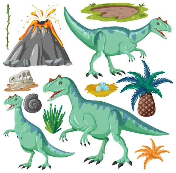 Ilustracja Kolekcji Wektorów Dinozaurów Elementów Przyrodniczych — Wektor stockowy