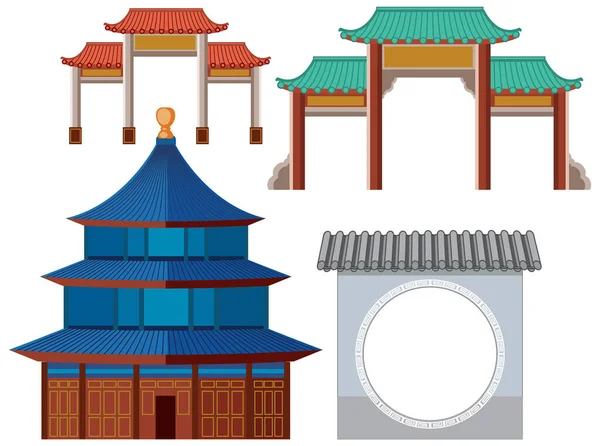 Ensemble Architecture Bâtiment Japonais Illustration Isolée — Image vectorielle