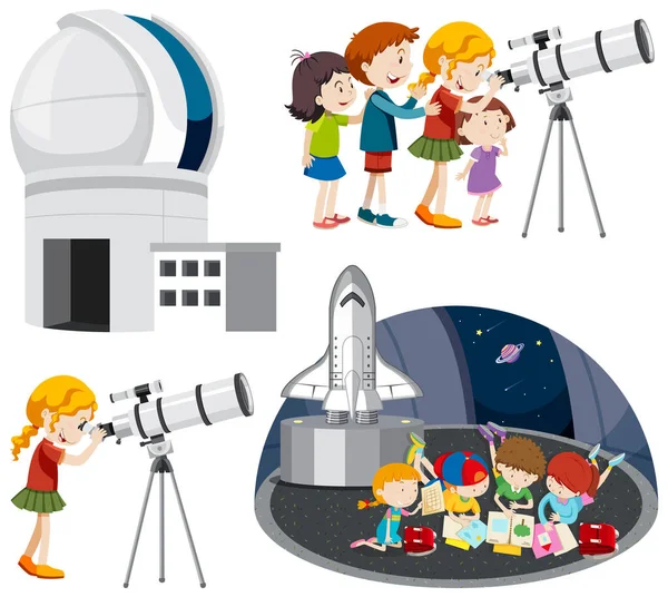 Speelse Kinderen Met Behulp Van Telescopen Vector Collectie Illustratie — Stockvector