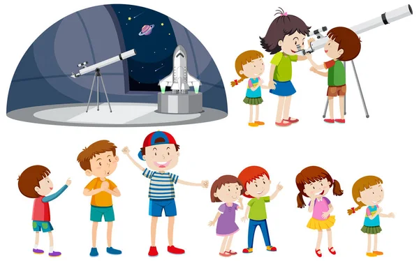 Playful Children Using Telescopes Vector Collection Illustration — Stock Vector