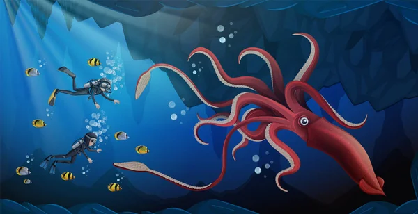 Ilustrasi Deep Sea Diver Encounters Giant Squid Ocean Depths - Stok Vektor