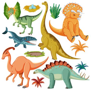 Dinozor ve Doğa Elementleri Vektör Koleksiyonu çizimi