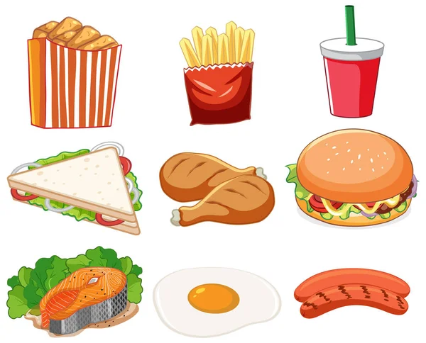 Set Cartone Animato Alimentare Illustrazione Isolata — Vettoriale Stock