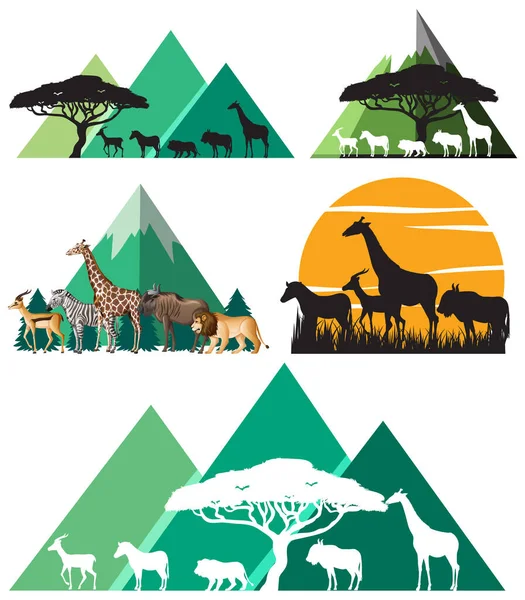Set Mix Wild Animal Illustration — Stock Vector