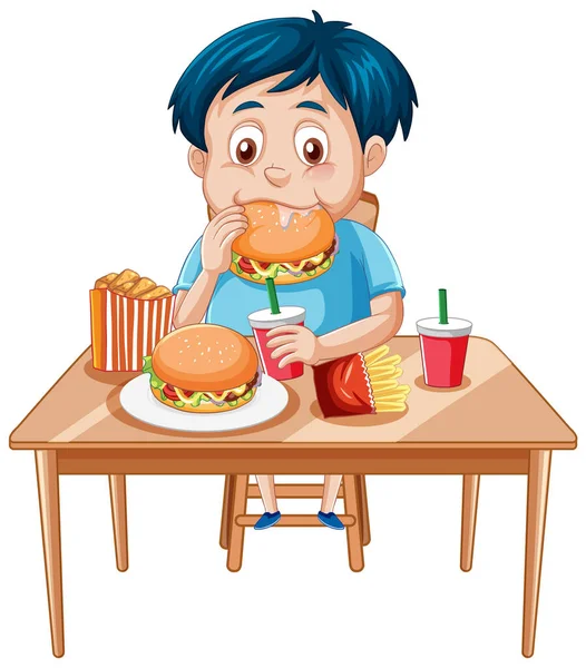 Glücklicher Junge Genießt Mahlzeit Illustration — Stockvektor