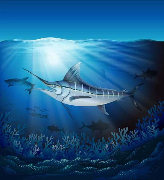Poisson Marlin Rayé Nageant Dans Mer Profonde Illustration — Image vectorielle