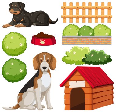 Bahçe bitkisi elementleri ve köpek çizimleri