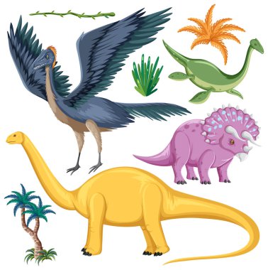Dinozor ve Doğa Elementleri Vektör Koleksiyonu çizimi