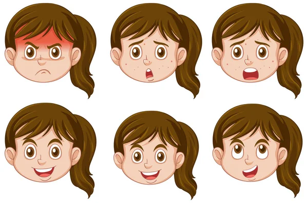 Puberté Fille Différente Expression Faciale Collection Illustration — Image vectorielle
