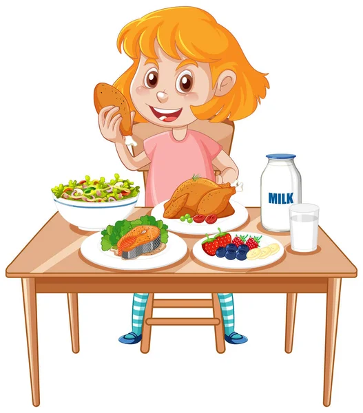 Glückliche Mädchen Genießen Mahlzeit Illustration — Stockvektor