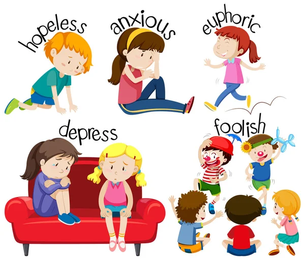 English Vocabulary Adjective Word Cartoon Characters Illustration — Stock Vector
