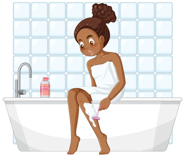 Afro Americana Adolescente Chica Afeitarse Pierna Pelo Ilustración — Vector de stock