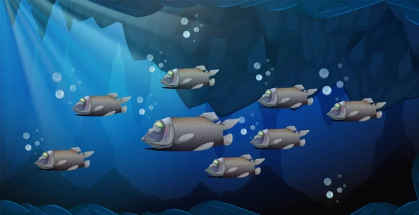 在深海图解中 释放的鱼一起游动 — 图库矢量图片