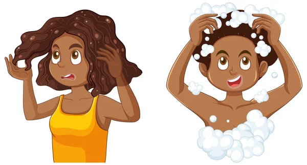 African American Teenage Girl Washing Her Hair Illustration — Stock Vector