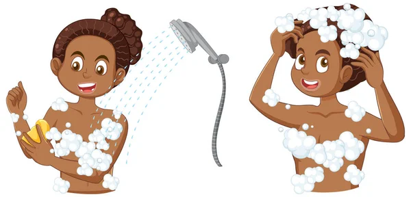 Young African American Girl Taking Shower Illustration - Stok Vektor