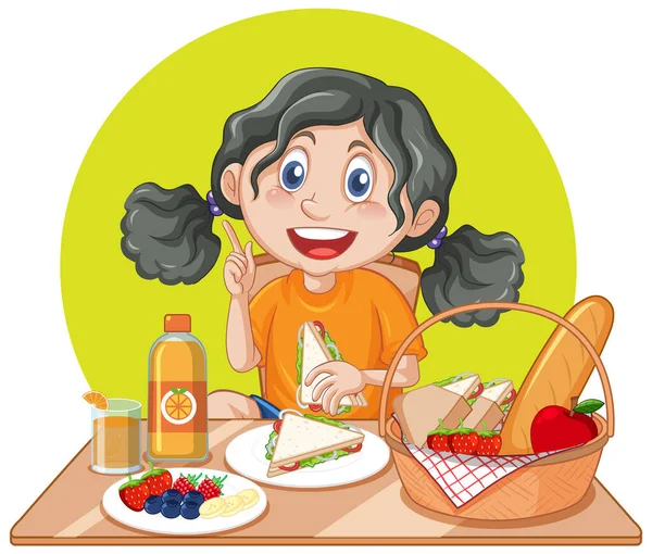 Ευτυχισμένο Κορίτσι Απολαμβάνοντας Την Απεικόνιση Γεύμα — Διανυσματικό Αρχείο