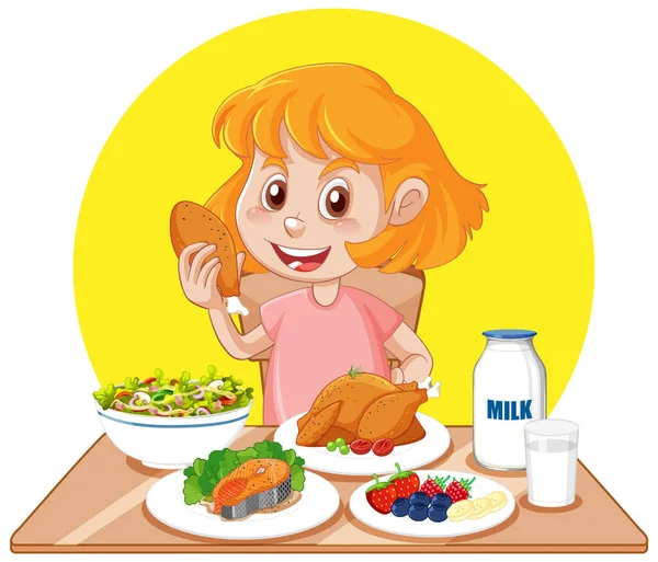 Szczęśliwa Dziewczyna Korzystających Posiłek Ilustracja — Wektor stockowy