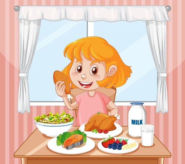 Boldog Lány Élvezi Étkezés Illusztráció — Stock Vector