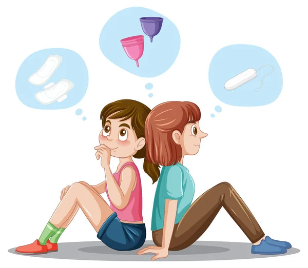 Chicas Pubertad Pensando Menstruación Opciones Producto Ilustración — Vector de stock