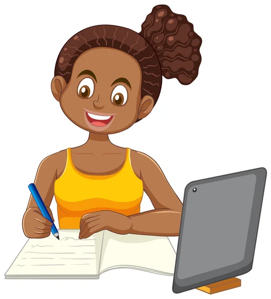 Афроамериканская Девочка Подросток Делает Домашнюю Работу Иллюстрации — стоковый вектор