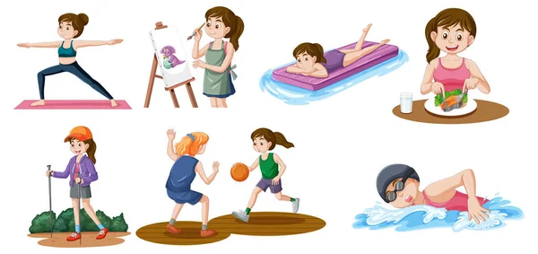 Puberty Girls Doing Different Activities Collection Illustration — Stockový vektor