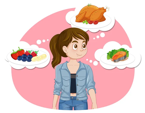 卡通女性思考食物与膳食图解 — 图库矢量图片