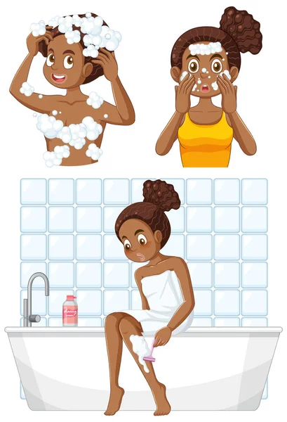 Afro Américaine Fille Faisant Différentes Activités Illustration — Image vectorielle