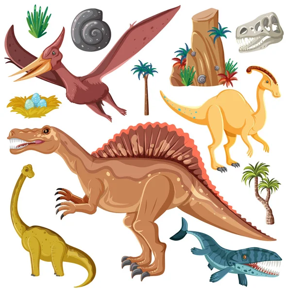 Illustration Collection Vectorielle Éléments Dinosaures Nature — Image vectorielle