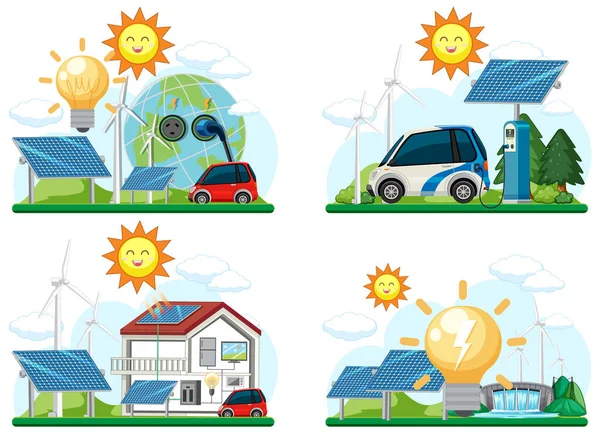 Grünes Energiekonzept Mit Sonnenkollektoren Und Windrädern Illustration — Stockvektor