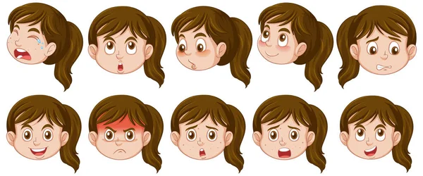 Puberty Girl Different Facial Expression Illustration — Stock Vector