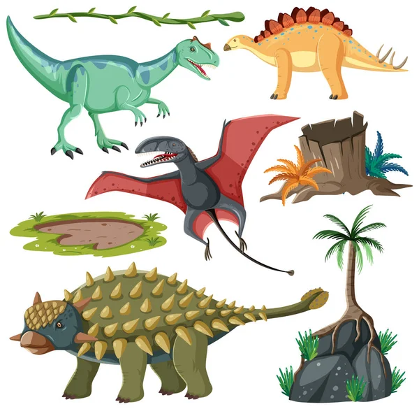 Illustration Collection Vectorielle Éléments Dinosaures Nature — Image vectorielle
