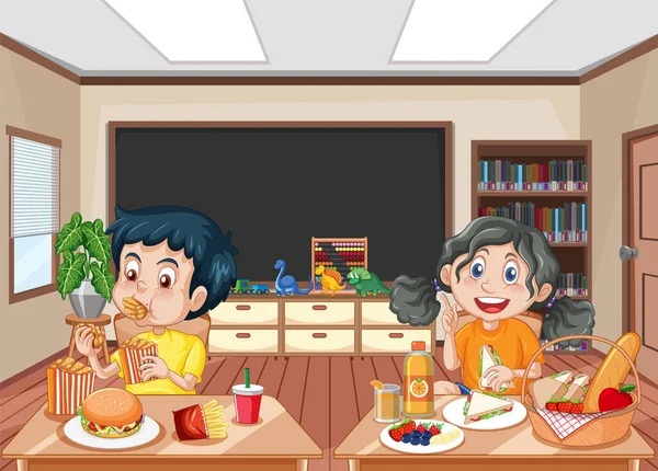 Crianças Alegres Desfrutando Ilustração Mealtime — Vetor de Stock