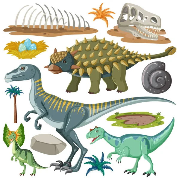 Векторная Коллекция Динозавров Природных Элементов — стоковый вектор