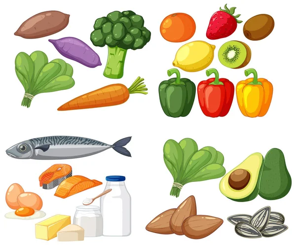 Υγιή Τροφίμων Και Διατροφής Διάνυσμα Φρούτα Λαχανικά Και Πρωτεϊνική Απεικόνιση — Διανυσματικό Αρχείο