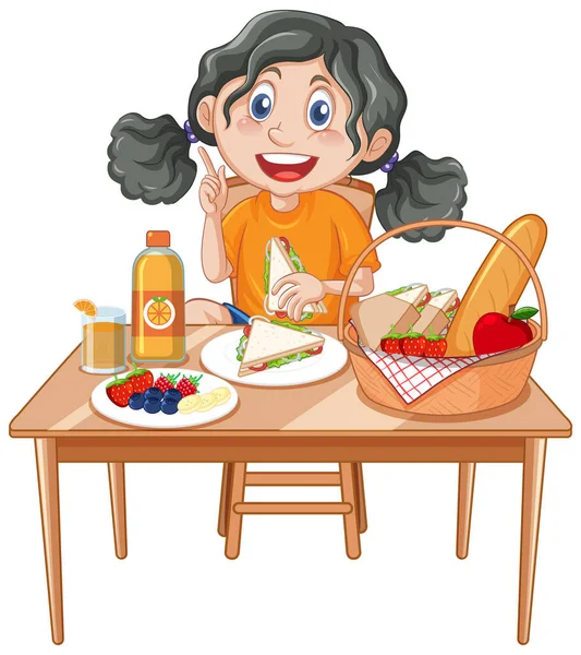 Ευτυχισμένο Κορίτσι Απολαμβάνοντας Την Απεικόνιση Γεύμα — Διανυσματικό Αρχείο