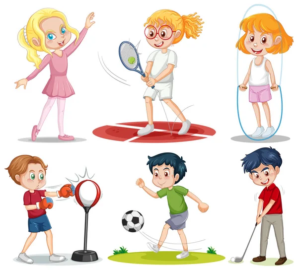 Conjunto Crianças Jogando Diferentes Esportes Ilustração — Vetor de Stock