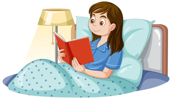 Ergen Kız Yatak Çizimleri Üzerine Kitap Okuyor — Stok Vektör
