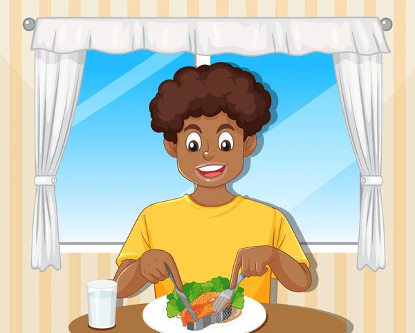 Masa Majında Yemek Yiyen Genç Çocuk — Stok Vektör