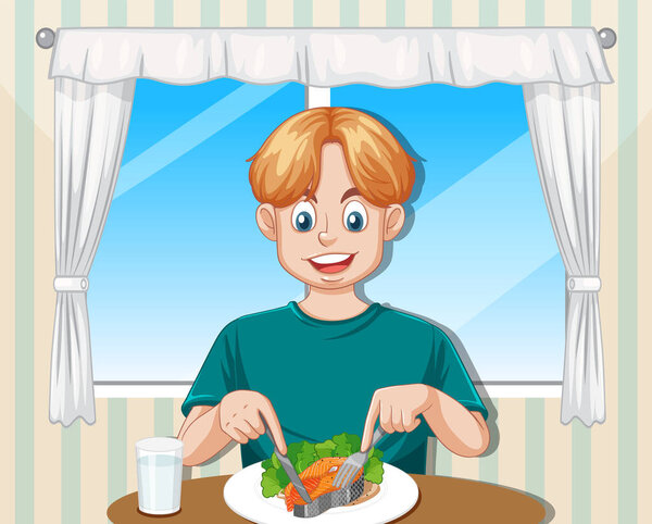 Teenage Boy Having Meal on the Table illustration