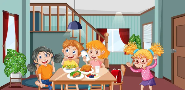 Niños Alegres Disfrutando Ilustración Hora Comer — Vector de stock