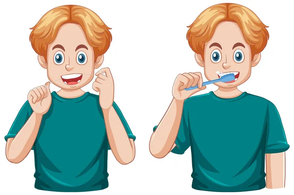 Puberdade Menino Cuidando Seus Dentes Ilustração — Vetor de Stock